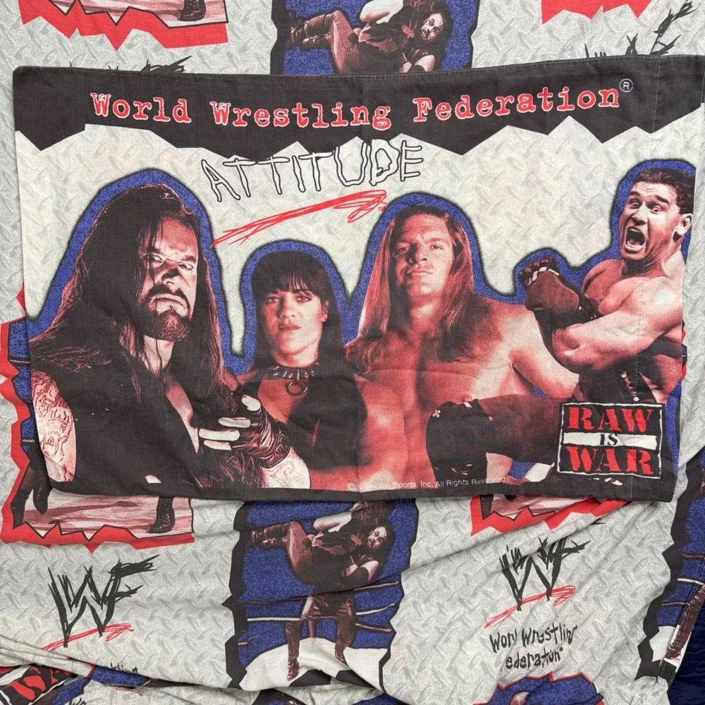 Vintage 1999 WWF Raw Is War Twin Sheet Pillowcase Set Attitude Stone Cold‎ Rock